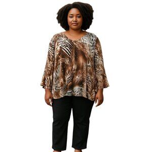 Emily Daniels V-neck Long Sleeve Top-Size 2X-Brown/Black/Cream Design Pattern
